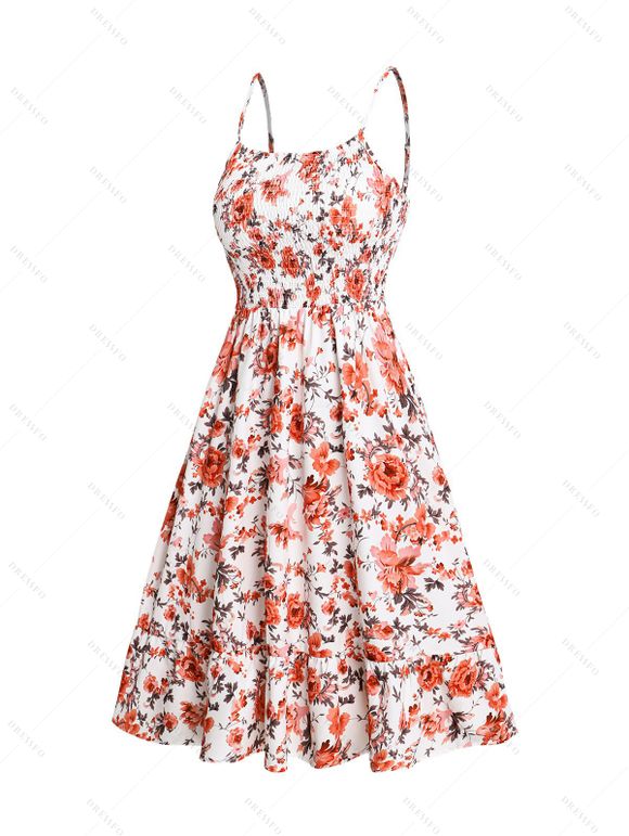 Robe d'été de vacances à bretelles spaghetti et imprimé feuilles de rose, taille haute, coupe trapèze, style cottagecore - multicolor XXL | US 14