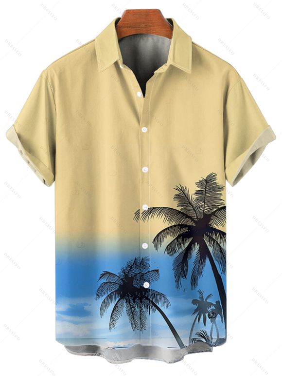 Chemise de vacances à motif cocotier ombré pour homme, boutonnée, retroussée, manches courtes, pour la plage - Jaune L