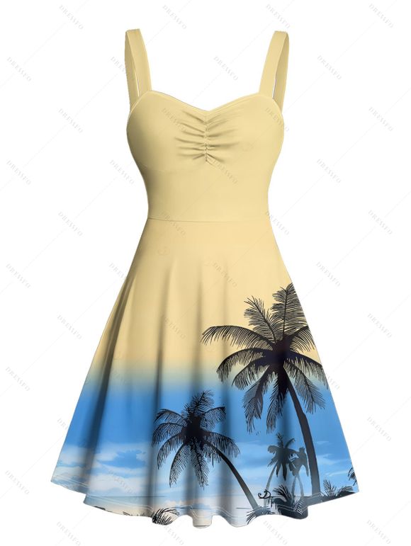 Robe de plage courte à col en cœur et ceinture froncée à motif cocotier ombré - Jaune XXXXXL | US 20