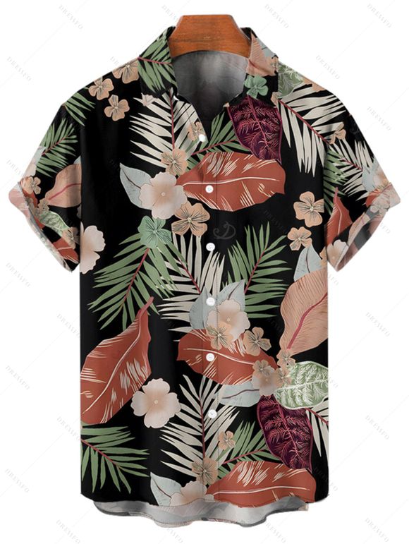 Chemise hawaïenne à manches courtes et boutons pour homme, motif floral tropical et feuilles - Noir 5XL