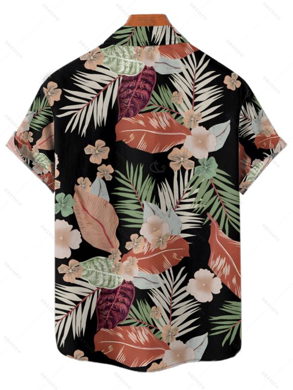 Chemise hawaïenne à manches courtes et boutons pour homme, motif floral tropical et feuilles - Noir 2XL