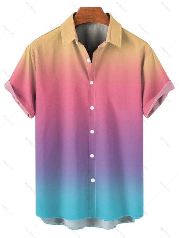 Chemise de vacances pour homme, couleur arc-en-ciel ombrée, boutonnée, retroussable, manches courtes, décontractée - multicolor L