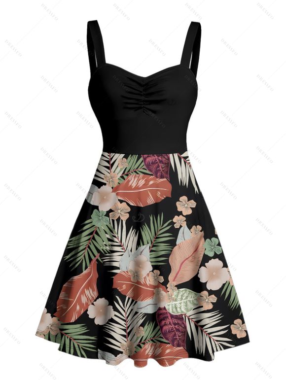 Robe de vacances à motif de feuilles de fleurs tropicales, buste froncé, ceinture, col en cœur, mini robe hawaïenne trapèze - Noir XXXXXL | US 20