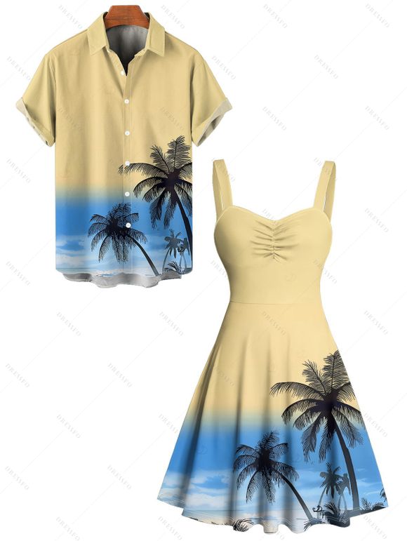 Vacation Couple Outfit Ombre Coconut Tree Pattern Ruched Bust Belt Sweetheart Neck Dress and Button Up Shirt Beach Matching Outfit - Jaune S | US 4