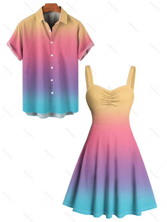 Vacation Couple Outfit Ombre Rainbow Color Ruched Bust Belt Sweetheart Neck Dress and Button Up Shirt Casual Matching Outfit - multicolor S | US 4