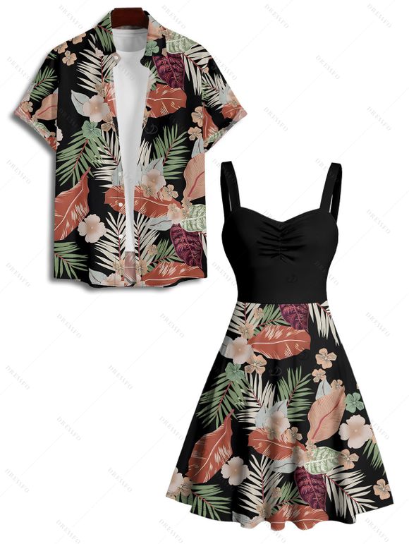 Vacation Couple Outfit Tropical Flower Leaf Plant Pattern Ruched Bust Belt Sweetheart Neck Dress and Button Up Shirt Hawaii Matching Outfit - Noir S | US 4