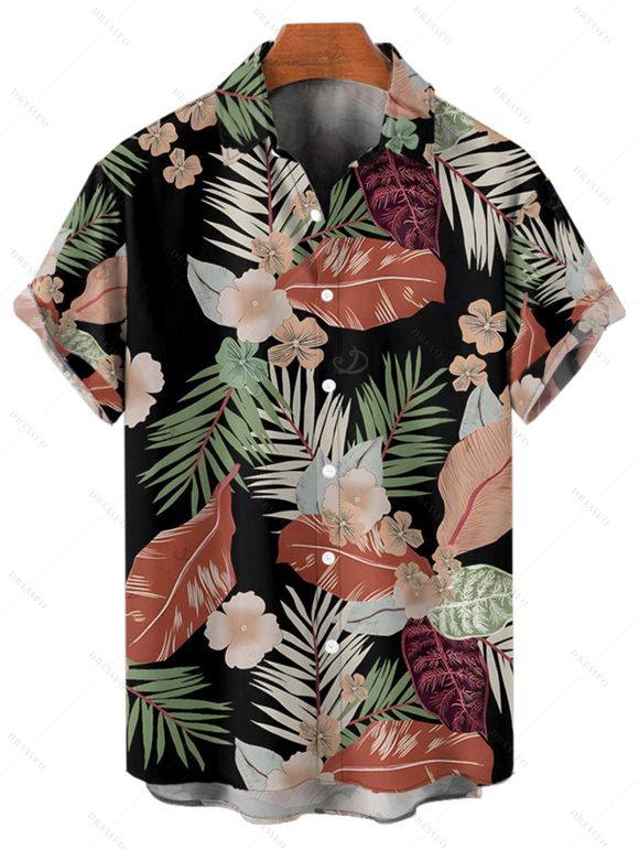 Vacation Couple Outfit Tropical Flower Leaf Plant Pattern Ruched Bust Sweetheart Neck Dress and Button Up Shirt Hawaii Matching Outfit - Noir S | US 4