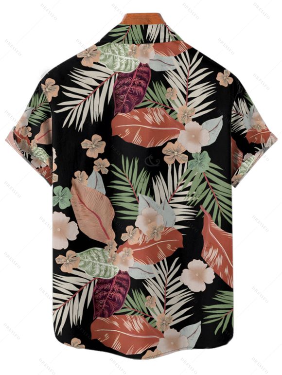 Vacation Couple Outfit Tropical Flower Leaf Plant Pattern Ruched Bust Sweetheart Neck Dress and Button Up Shirt Hawaii Matching Outfit - Noir S | US 4