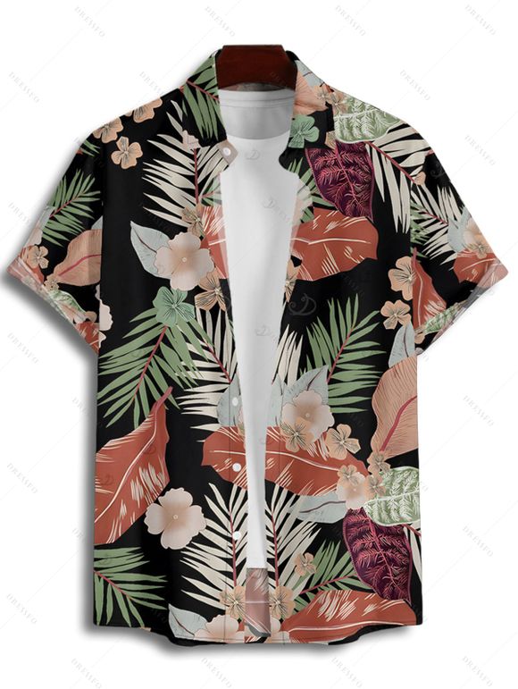 Vacation Couple Outfit Tropical Flower Leaf Plant Pattern Ruched Bust Sweetheart Neck Dress and Button Up Shirt Hawaii Matching Outfit - Noir S | US 4