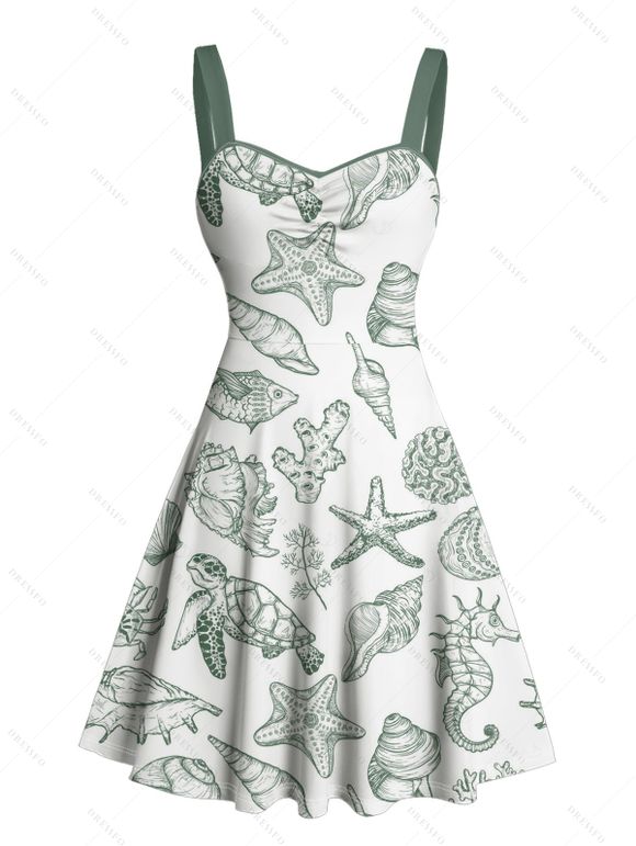 Robe de vacances à imprimé animal marin, buste froncé, ceinture, décolleté en cœur, mini robe de plage trapèze - Vert clair XXXXL | US 18