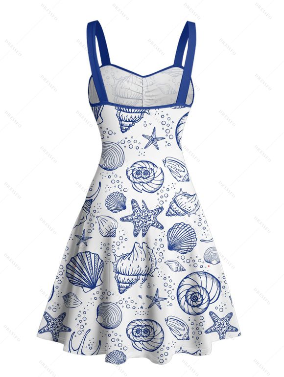 Robe de vacances à motif de vie marine sur toute la surface, buste froncé, col en cœur, mini robe de plage trapèze - Bleu XXXL | US 16