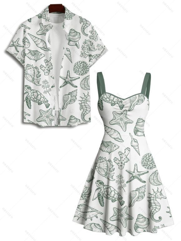 Vacation Couple Outfit Allover Marine Life Pattern Ruched Bust Belt Sweetheart Neck Dress and Button Up Shirt Beach Matching Outfit - Vert clair S | US 4