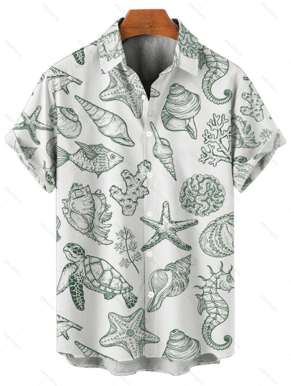 Chemise de vacances à motif marin pour homme, boutonnée, retroussée, manches courtes, pour la plage - Vert clair 5XL