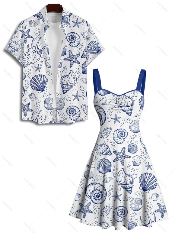 Vacation Couple Outfit Allover Marine Life Pattern Ruched Bust Belt Sweetheart Neck Dress and Button Up Shirt Beach Matching Outfit - Bleu S | US 4