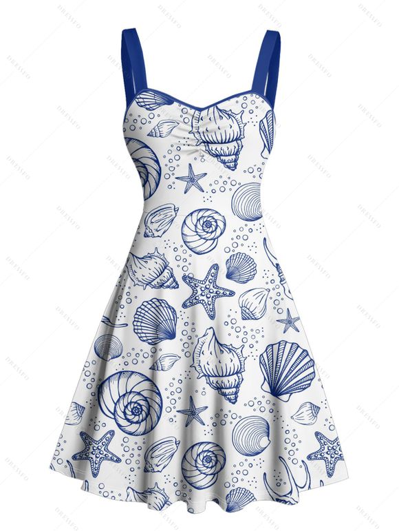 Vacation Couple Outfit Allover Marine Life Pattern Ruched Bust Sweetheart Neck Dress and Button Up Shirt Beach Matching Outfit - Bleu S | US 4