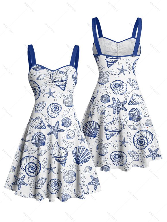 Vacation Couple Outfit Allover Marine Life Pattern Ruched Bust Sweetheart Neck Dress and Button Up Shirt Beach Matching Outfit - Bleu S | US 4