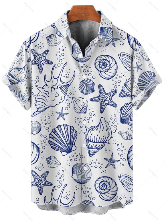 Vacation Couple Outfit Allover Marine Life Pattern Ruched Bust Sweetheart Neck Dress and Button Up Shirt Beach Matching Outfit - Bleu S | US 4