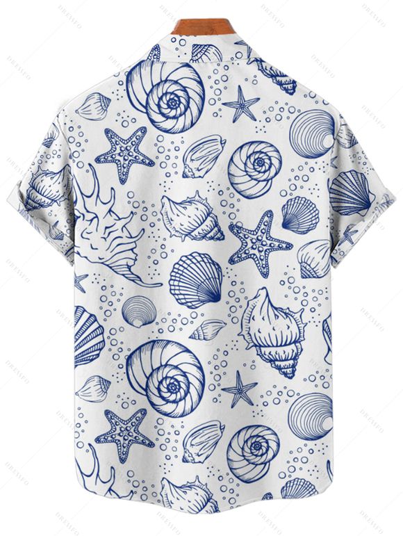 Vacation Couple Outfit Allover Marine Life Pattern Ruched Bust Sweetheart Neck Dress and Button Up Shirt Beach Matching Outfit - Bleu S | US 4