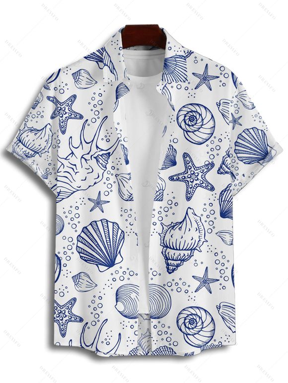 Vacation Couple Outfit Allover Marine Life Pattern Ruched Bust Sweetheart Neck Dress and Button Up Shirt Beach Matching Outfit - Bleu S | US 4