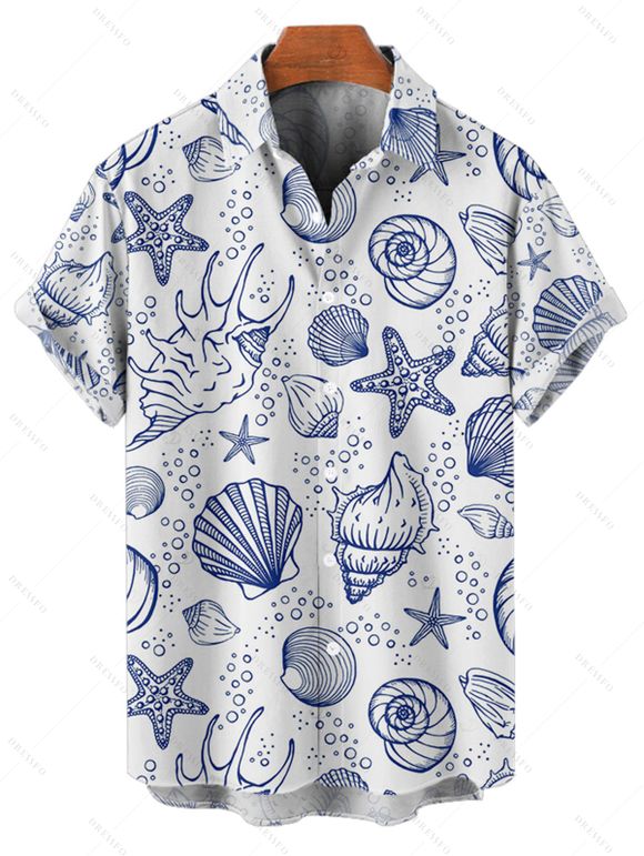 Chemise de vacances à motif marin pour homme, boutonnée, retroussée, manches courtes, pour la plage - Bleu L