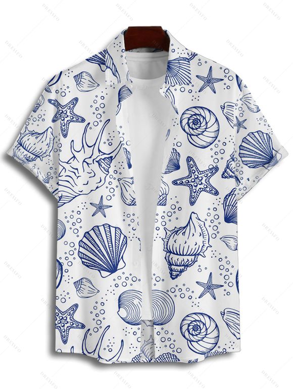 Chemise de vacances à motif marin pour homme, boutonnée, retroussée, manches courtes, pour la plage - Bleu 4XL
