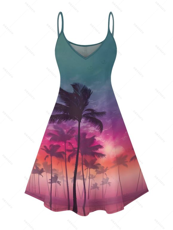 Robe de vacances à motif cocotier et coucher de soleil, bretelles spaghetti, col en V, coupe trapèze, mini-robe de plage - multicolor A XXXXXL | US 20