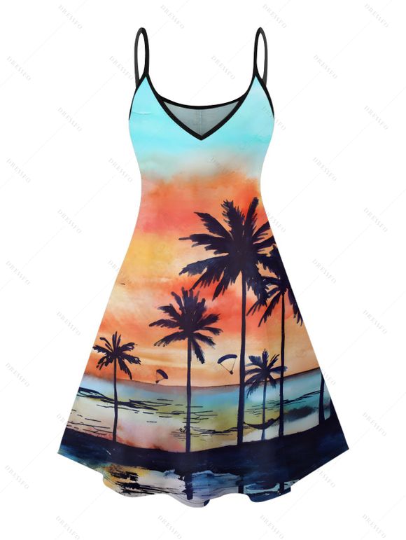 Robe de plage à motif de paysage de coucher de soleil de cocotier, bretelles spaghetti, col en V, coupe trapèze, mini-robe débardeur de vacances - multicolor A XXXXXL | US 20