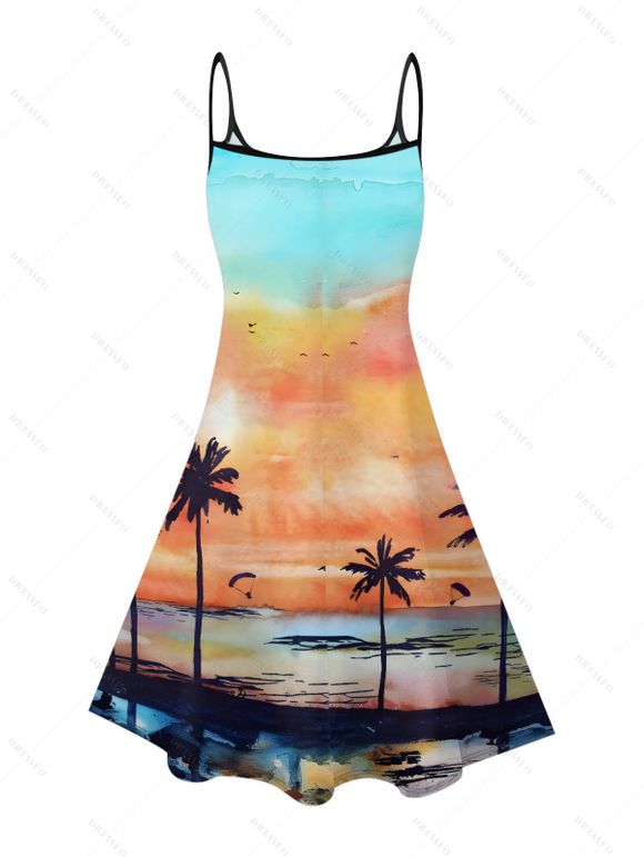 Robe de plage à motif de paysage de coucher de soleil de cocotier, bretelles spaghetti, col en V, coupe trapèze, mini-robe débardeur de vacances - multicolor A XL | US 12