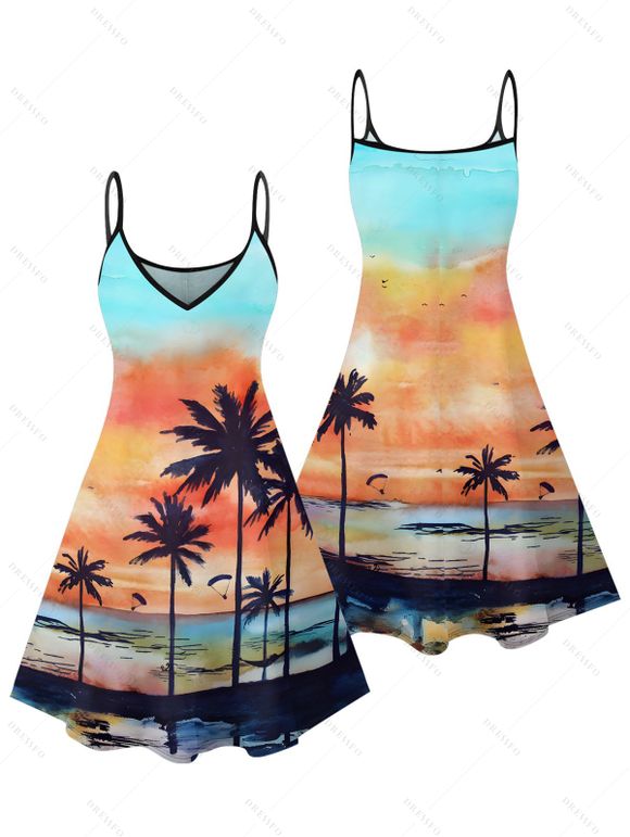 Robe de plage à motif de paysage de coucher de soleil de cocotier, bretelles spaghetti, col en V, coupe trapèze, mini-robe débardeur de vacances - multicolor A XL | US 12
