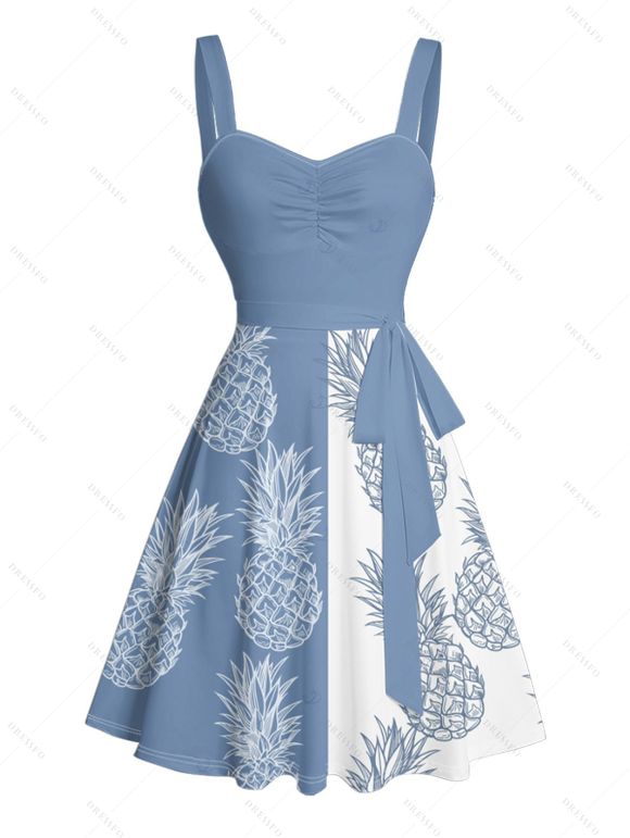 Robe de plage courte à col en cœur et ceinture froncée à motif ananas contrasté - Bleu Ciel XXXXXL | US 20