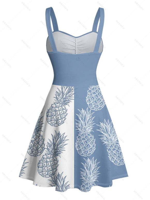 Robe de plage courte à col en cœur et ceinture froncée à motif ananas contrasté - Bleu Ciel XL | US 12