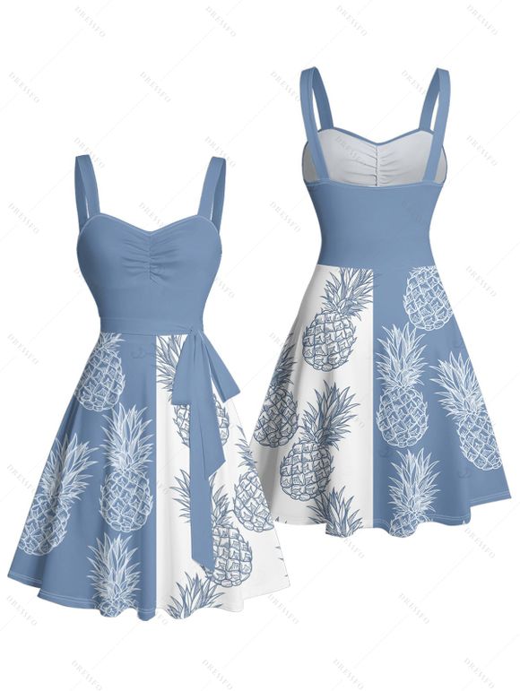 Robe de plage courte à col en cœur et ceinture froncée à motif ananas contrasté - Bleu Ciel XL | US 12