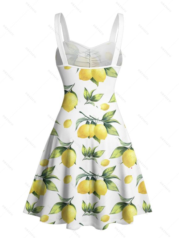Robe de vacances à motif de feuilles de citron sur toute la surface, buste froncé, col en cœur, robe trapèze décontractée courte - Blanc XXXL | US 16