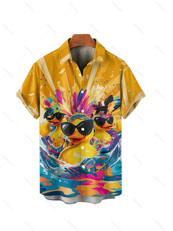 Boy's Funny Dark with Sunglasses Wave Pattern Vacation Shirt Button Up Roll Up Short Sleeve Kid Shirt - Deep Yellow 160