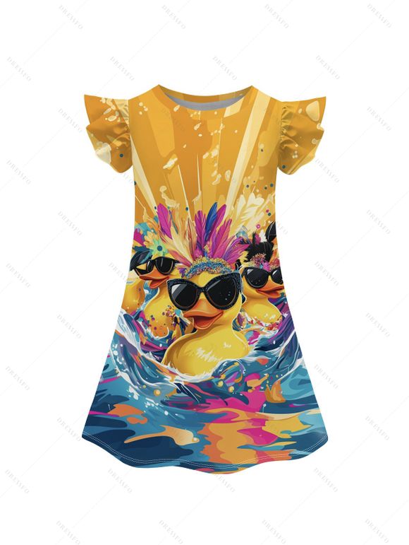 Girls Dress Funny Dark with Sunglasses Wave Pattern Vacation Dress Short Flare Sleeve A Line Mini Kid Dress - Deep Yellow 160