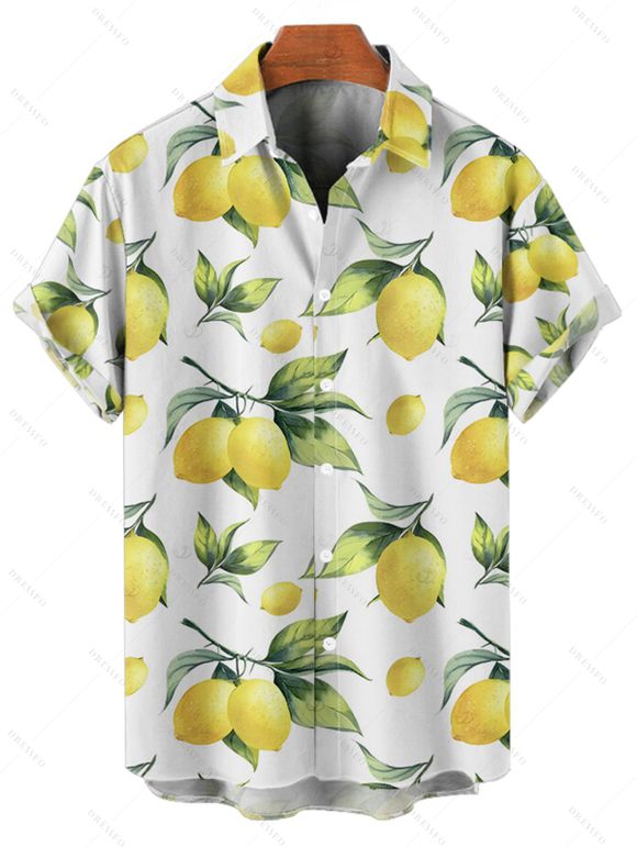 Chemise de vacances pour homme à motif feuilles de citron, boutonnée, retroussée, manches courtes, décontractée - Blanc L