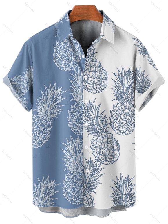 Chemise de vacances à manches courtes et boutons pour homme, motif ananas contrasté, à revers, pour la plage - Bleu Ciel 5XL