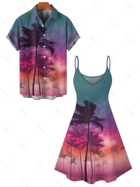 Vacation Couple Outfit Coconut Tree Sunset Pattern Spaghetti Strap Tank Dress and Button Up Shirt Beach Matching Outfit - multicolor A S | US 4