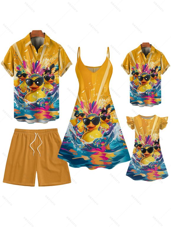 Vacation Family Outfit Funny Dark with Sunglasses Wave Pattern Women and Girl Dress and Button Up Men Boy Shirt and Drawstrings Shorts Beach Outfit - Deep Yellow S | US 4