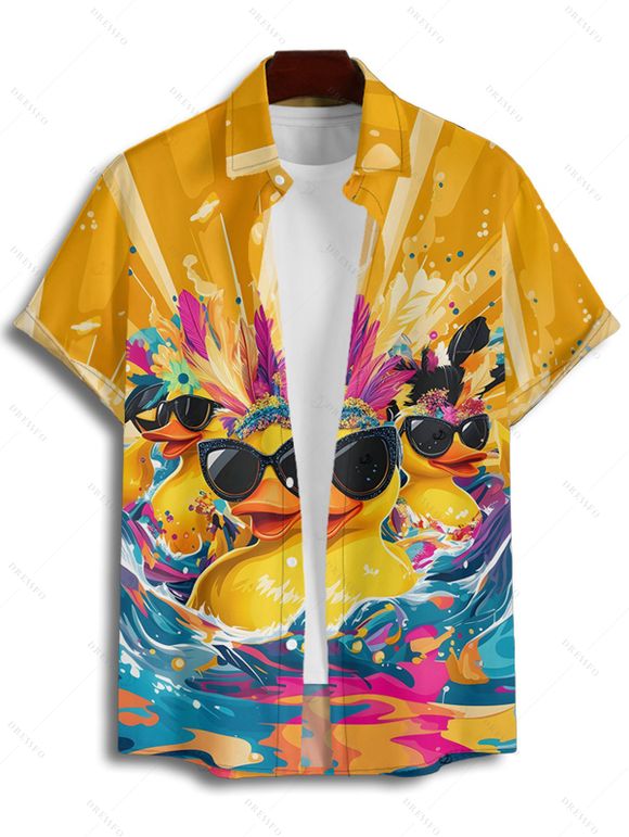 Vacation Family Outfit Funny Dark with Sunglasses Wave Pattern Women and Girl Dress and Button Up Men Boy Shirt and Drawstrings Shorts Beach Outfit - Deep Yellow S | US 4