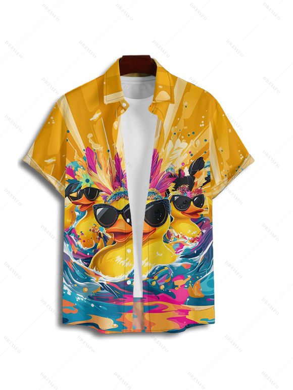 Vacation Family Outfit Funny Dark with Sunglasses Wave Pattern Women and Girl Dress and Button Up Men Boy Shirt and Drawstrings Shorts Beach Outfit - Deep Yellow S | US 4