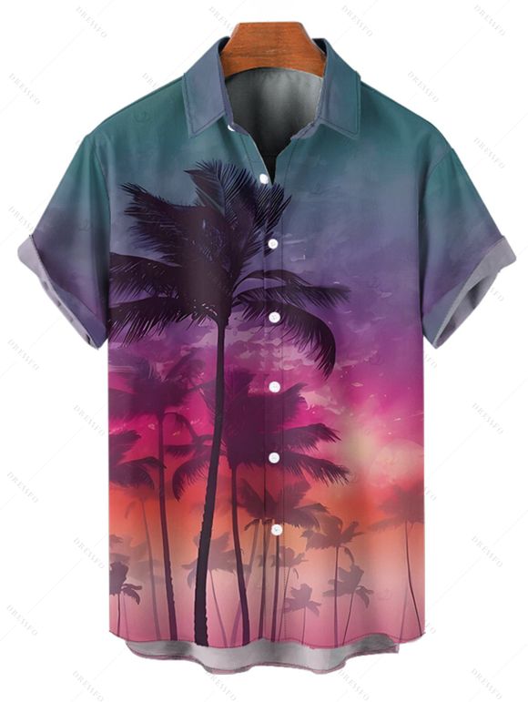 Chemise de plage à manches courtes et boutons pour homme, motif cocotier et coucher de soleil - multicolor A 5XL