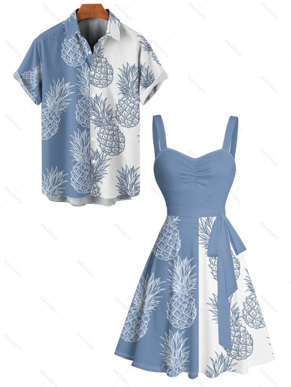 Vacation Couple Outfit Contrast Color Pineapple Pattern Ruched Bust Belt Dress and Button Up Shirt Beach Matching Outfit - Bleu Ciel S | US 4