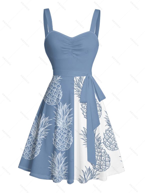 Vacation Couple Outfit Contrast Color Pineapple Pattern Ruched Bust Belt Dress and Button Up Shirt Beach Matching Outfit - Bleu Ciel S | US 4