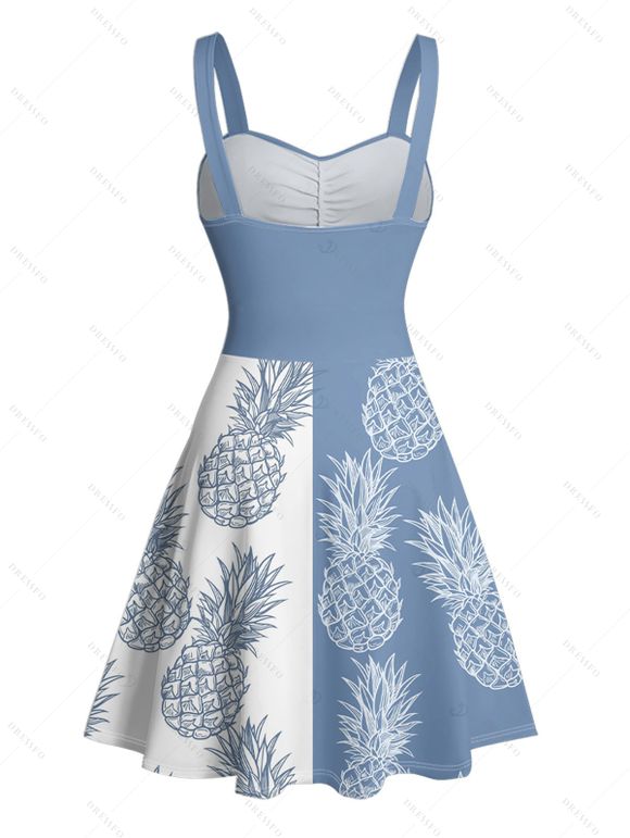 Vacation Couple Outfit Contrast Color Pineapple Pattern Ruched Bust Belt Dress and Button Up Shirt Beach Matching Outfit - Bleu Ciel S | US 4