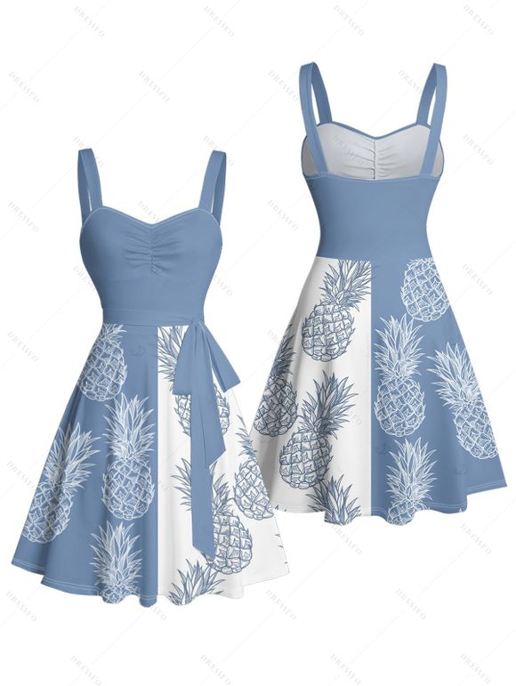 Vacation Couple Outfit Contrast Color Pineapple Pattern Ruched Bust Belt Dress and Button Up Shirt Beach Matching Outfit - Bleu Ciel S | US 4