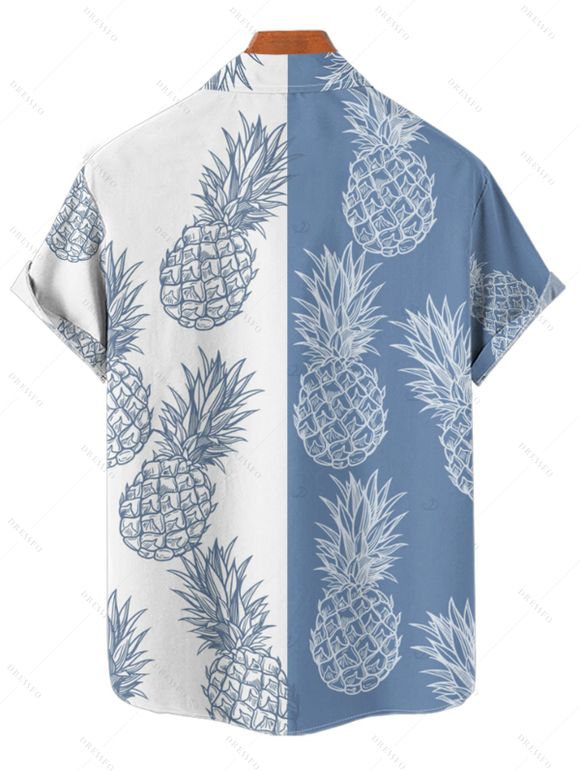 Vacation Couple Outfit Contrast Color Pineapple Pattern Ruched Bust Belt Dress and Button Up Shirt Beach Matching Outfit - Bleu Ciel S | US 4