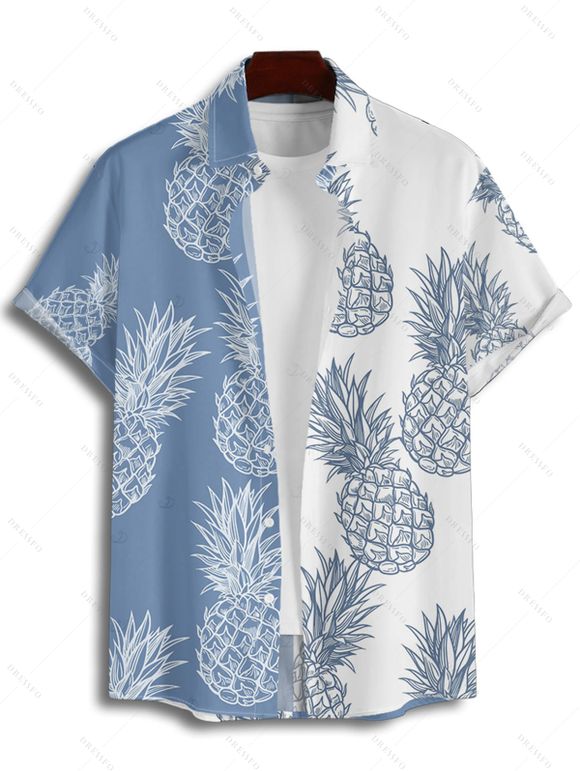 Vacation Couple Outfit Contrast Color Pineapple Pattern Ruched Bust Belt Dress and Button Up Shirt Beach Matching Outfit - Bleu Ciel S | US 4