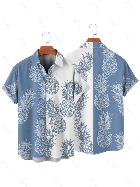 Vacation Couple Outfit Contrast Color Pineapple Pattern Ruched Bust Belt Dress and Button Up Shirt Beach Matching Outfit - Bleu Ciel S | US 4