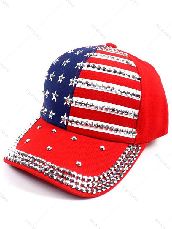 Casquette de fête de l'indépendance, chapeau, drapeau américain, étoile, rayé, strass, extérieur, vacances - Rouge 